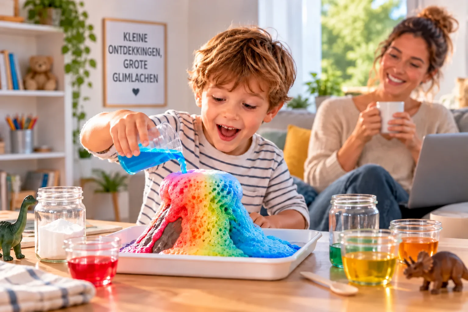 Kind geconcentreerd bezig met een creatief experiment terwijl de moeder even tot rust komt